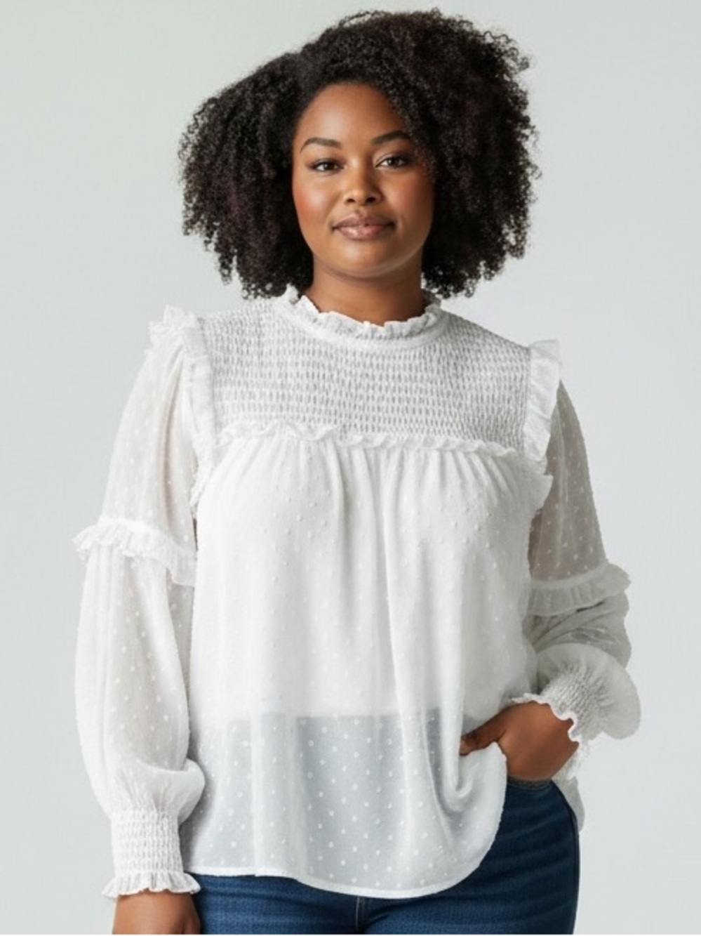English Factory 3X White Swiss Dot Smocked Ruffle Sheer Blouse